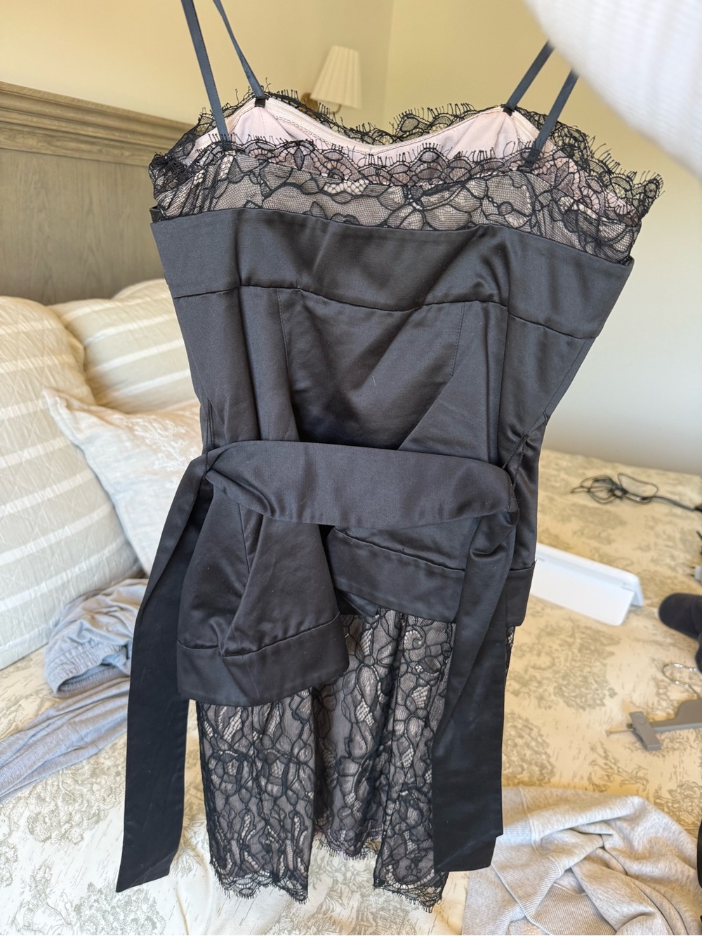 BCBGMaxAzria Black Lace Slip Dress with Waist Tie - Picture 2 of 3